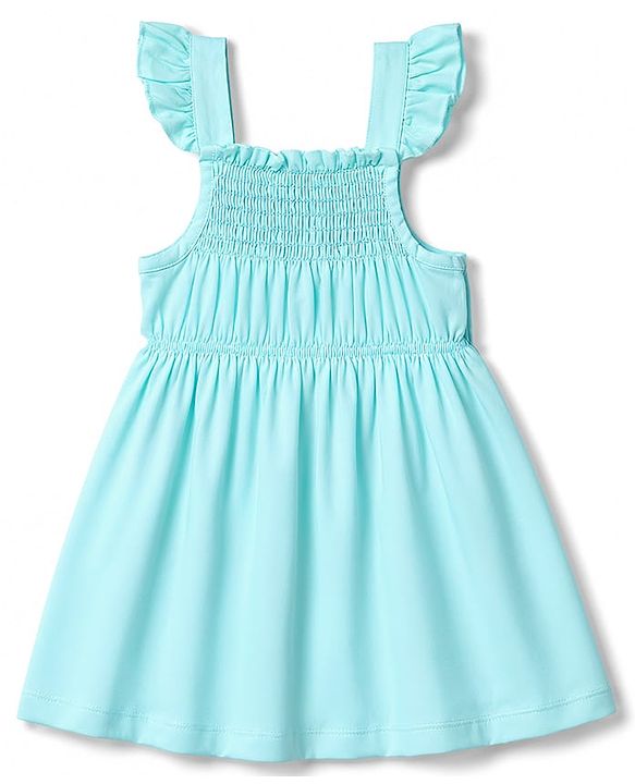 Babyhug Single Jersey Knit Frill Sleeves Floral Printed Smocked Frock With Bloomer & Bow Applique - Aqua Blue
