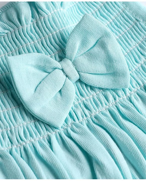 Babyhug Single Jersey Knit Frill Sleeves Floral Printed Smocked Frock With Bloomer & Bow Applique - Aqua Blue
