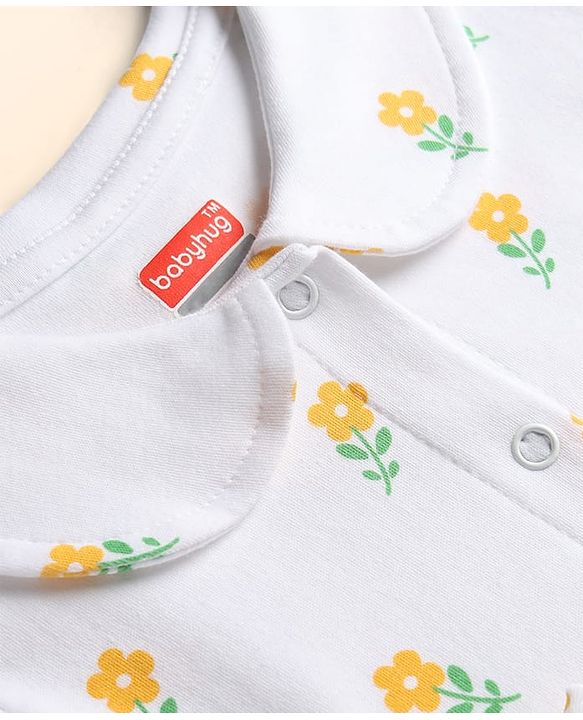 Babyhug Cotton Woven Frocks with Bloomer/Short Frill Sleeves Peter Pan Collar All Over Floral Print White Newborn