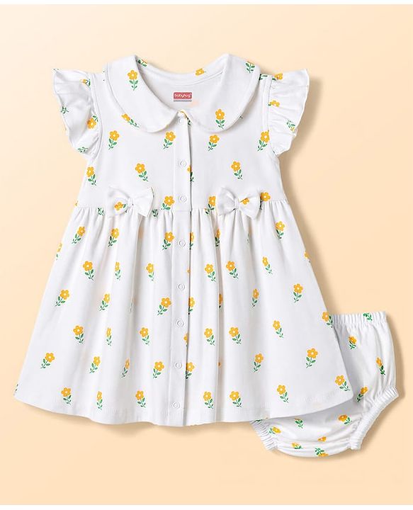 Babyhug Cotton Woven Frocks with Bloomer/Short Frill Sleeves Peter Pan Collar All Over Floral Print White Newborn