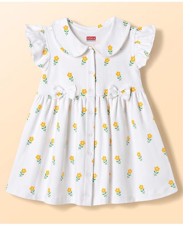 Babyhug Cotton Woven Frocks with Bloomer/Short Frill Sleeves Peter Pan Collar All Over Floral Print White Newborn