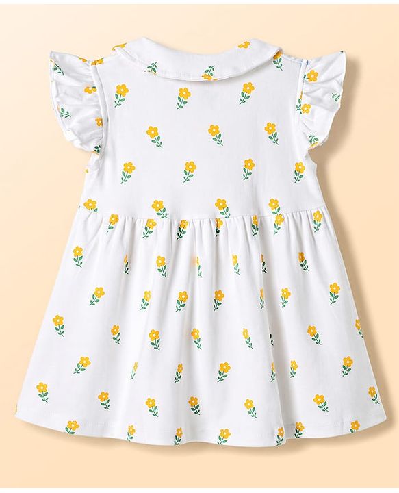 Babyhug Cotton Woven Frocks with Bloomer/Short Frill Sleeves Peter Pan Collar All Over Floral Print White Newborn