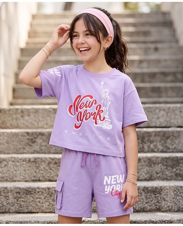 Pine Kids Cotton Knit Drop Shoulder Top & Shorts Set With New York Text Print - Lavender