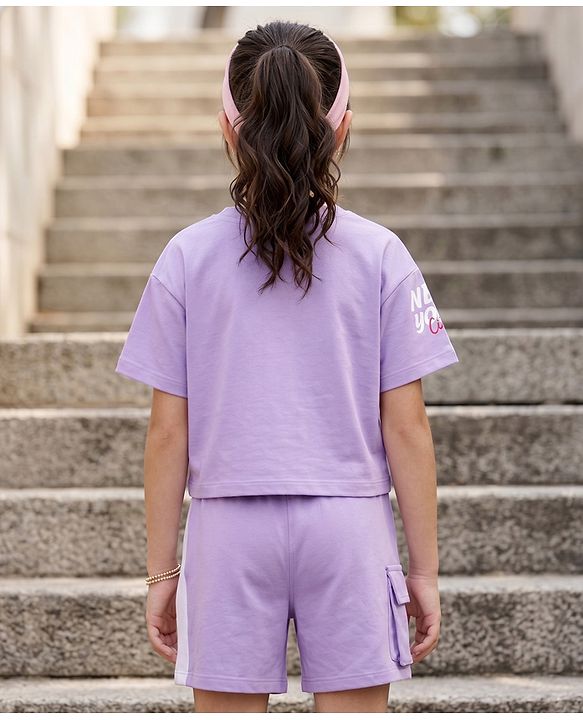 Pine Kids Cotton Knit Drop Shoulder Top & Shorts Set With New York Text Print - Lavender