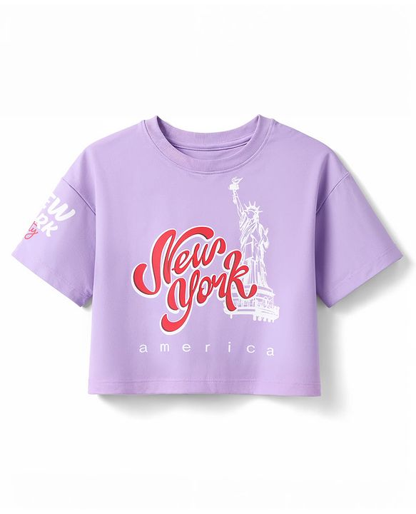 Pine Kids Cotton Knit Drop Shoulder Top & Shorts Set With New York Text Print - Lavender