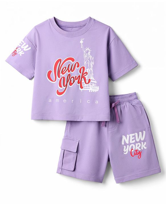 Pine Kids Cotton Knit Drop Shoulder Top & Shorts Set With New York Text Print - Lavender