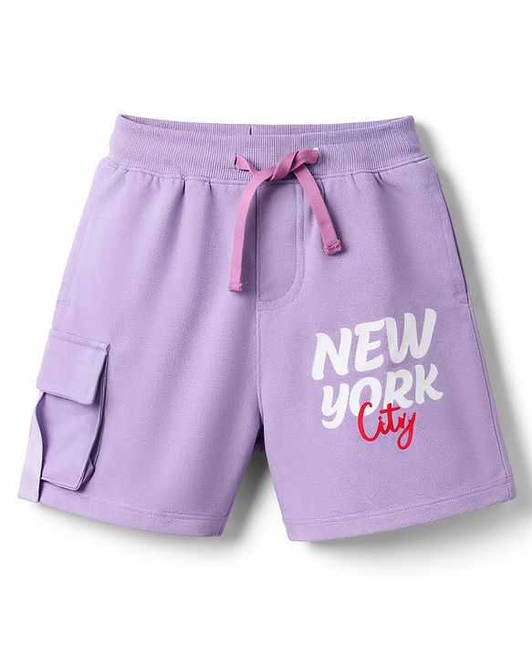 Pine Kids Cotton Knit Drop Shoulder Top & Shorts Set With New York Text Print - Lavender