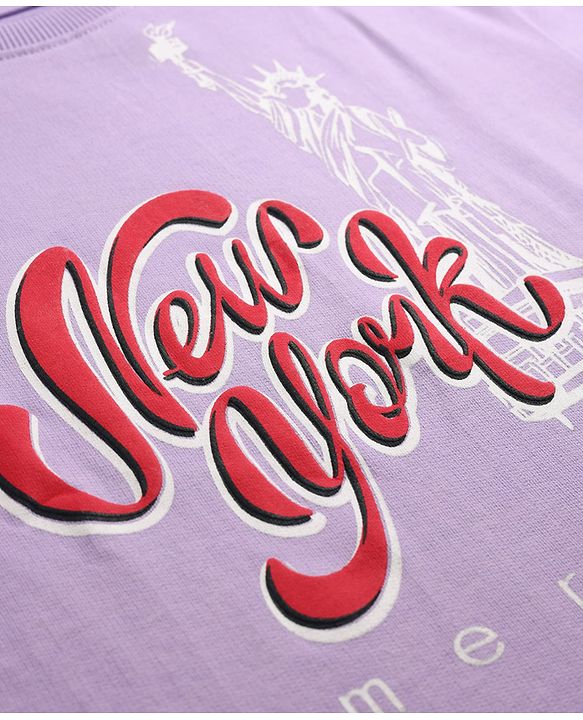 Pine Kids Cotton Knit Drop Shoulder Top & Shorts Set With New York Text Print - Lavender
