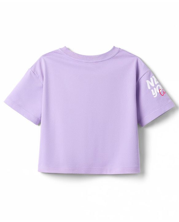 Pine Kids Cotton Knit Drop Shoulder Top & Shorts Set With New York Text Print - Lavender