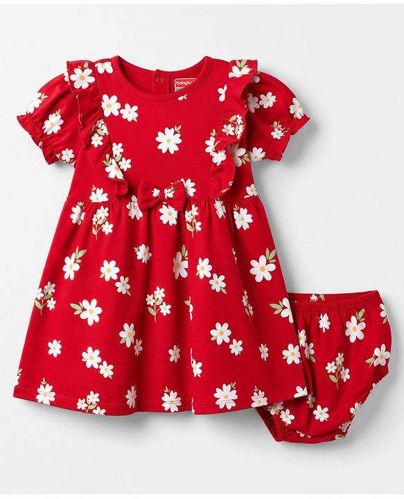 Babyhug Single Jersey Knit Half Sleeves Floral Printed Frock With Bloomer & Bow Applique - Red