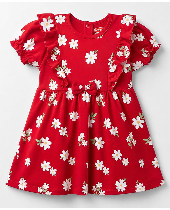 Babyhug Single Jersey Knit Half Sleeves Floral Printed Frock With Bloomer & Bow Applique - Red