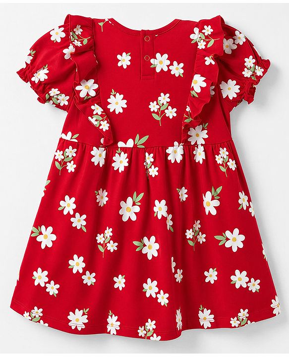 Babyhug Single Jersey Knit Half Sleeves Floral Printed Frock With Bloomer & Bow Applique - Red