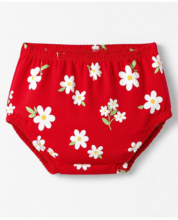 Babyhug Single Jersey Knit Half Sleeves Floral Printed Frock With Bloomer & Bow Applique - Red
