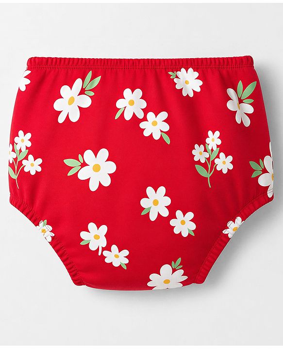 Babyhug Single Jersey Knit Half Sleeves Floral Printed Frock With Bloomer & Bow Applique - Red