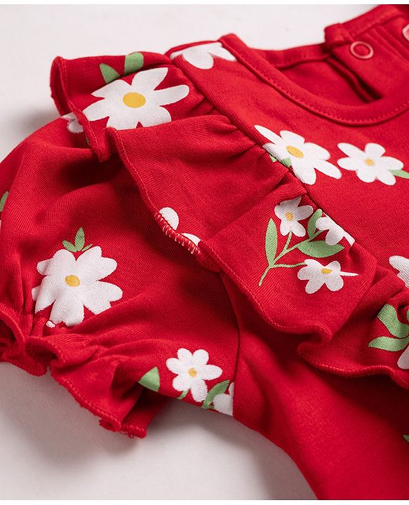 Babyhug Single Jersey Knit Half Sleeves Floral Printed Frock With Bloomer & Bow Applique - Red