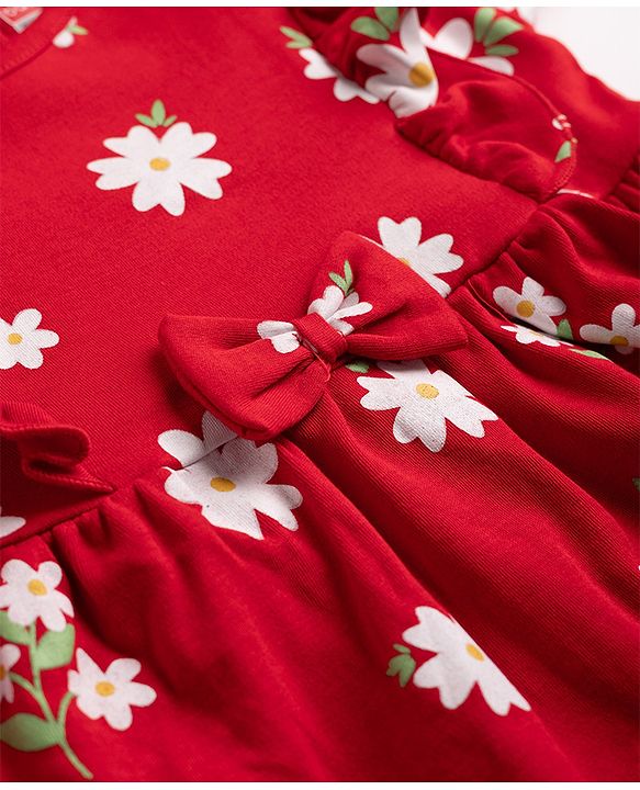 Babyhug Single Jersey Knit Half Sleeves Floral Printed Frock With Bloomer & Bow Applique - Red