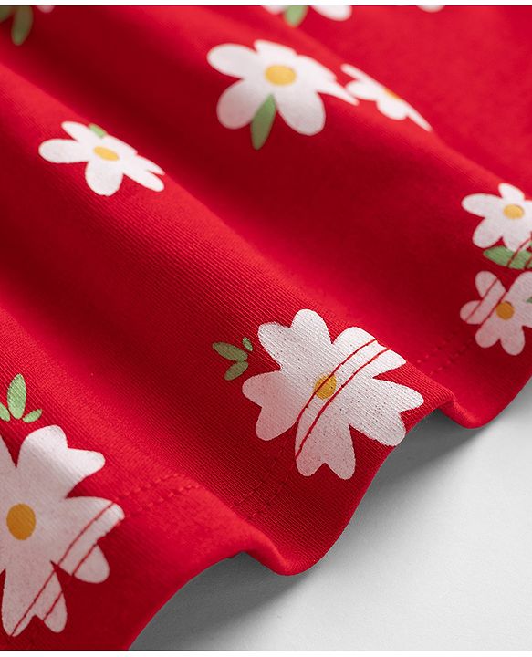 Babyhug Single Jersey Knit Half Sleeves Floral Printed Frock With Bloomer & Bow Applique - Red