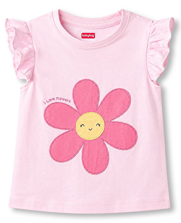 Babyhug Cotton Knit T-Shirt with Graphic Print and Ruffled Sleeves Pink 6-9 Months