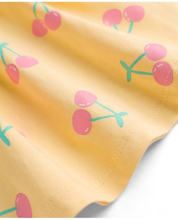 Babyhug Single Jersey Knit Sleeveless Cherry Printed Bow Applique Frock With Bloomer & Headband - Yellow