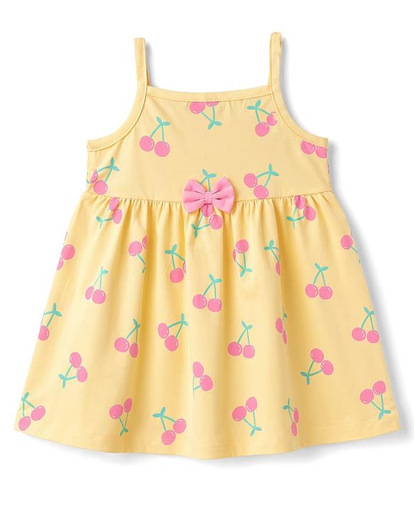 Babyhug Single Jersey Knit Sleeveless Cherry Printed Bow Applique Frock With Bloomer & Headband - Yellow