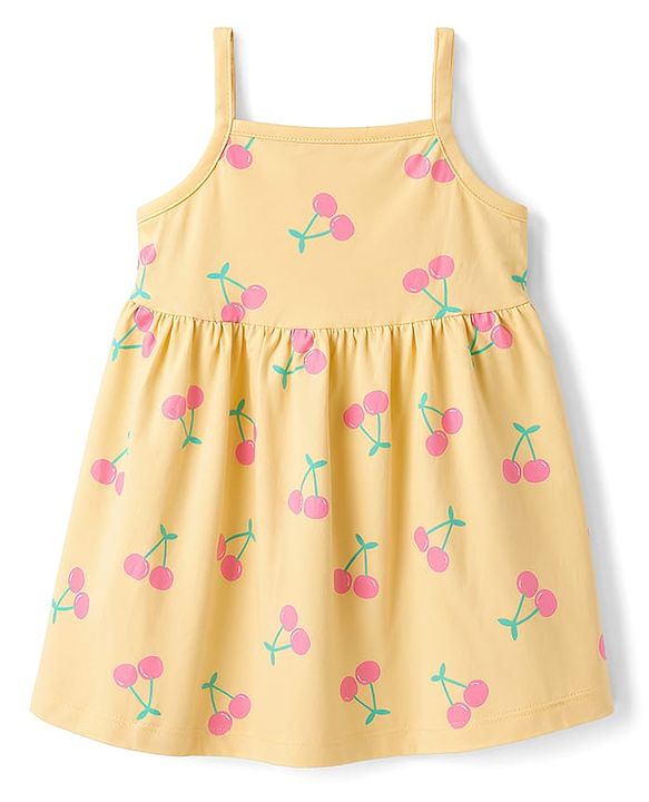 Babyhug Single Jersey Knit Sleeveless Cherry Printed Bow Applique Frock With Bloomer & Headband - Yellow