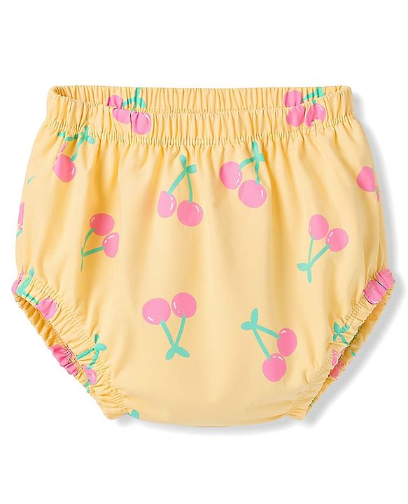 Babyhug Single Jersey Knit Sleeveless Cherry Printed Bow Applique Frock With Bloomer & Headband - Yellow