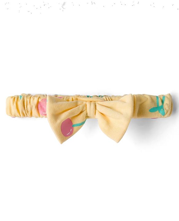 Babyhug Single Jersey Knit Sleeveless Cherry Printed Bow Applique Frock With Bloomer & Headband - Yellow