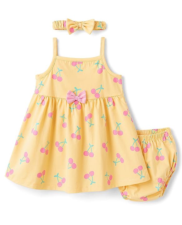 Babyhug Single Jersey Knit Sleeveless Cherry Printed Bow Applique Frock With Bloomer & Headband - Yellow