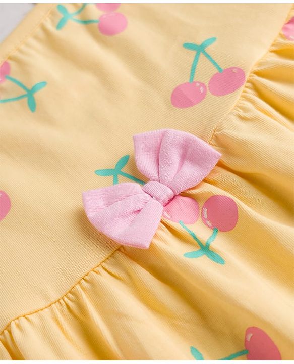 Babyhug Single Jersey Knit Sleeveless Cherry Printed Bow Applique Frock With Bloomer & Headband - Yellow