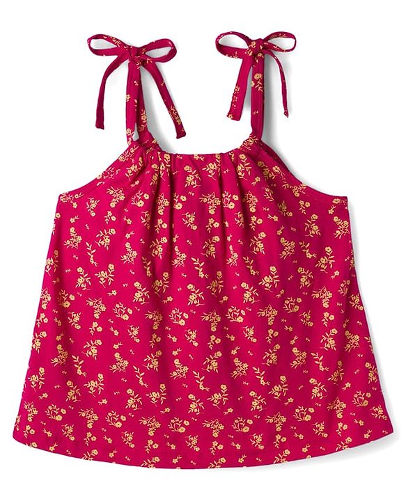 Pine Kids Cotton Knit Sleeveless Floral Printed Top - Red