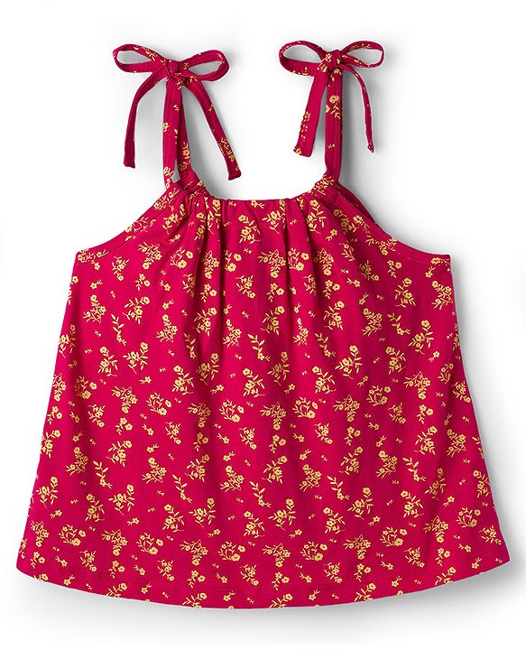 Pine Kids Cotton Knit Sleeveless Floral Printed Top - Red