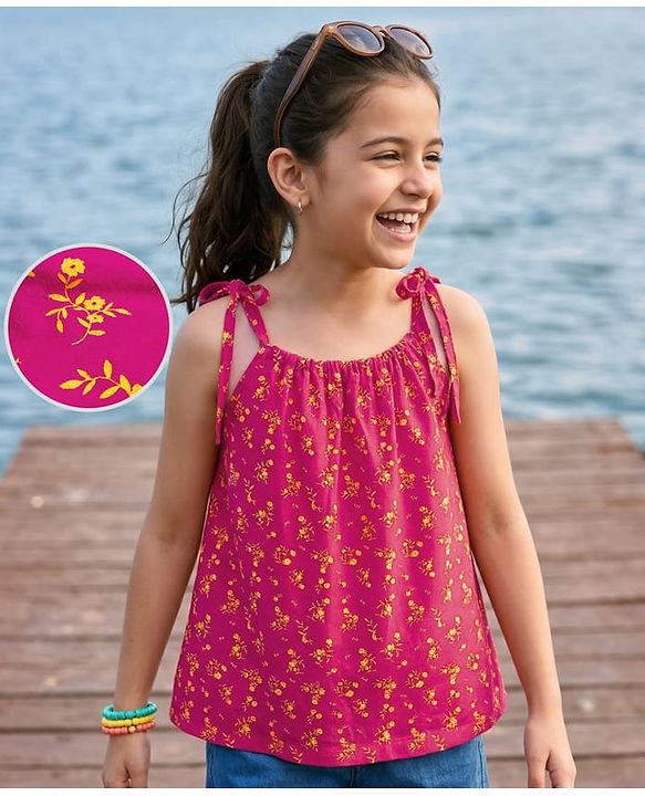 Pine Kids Cotton Knit Sleeveless Floral Printed Top - Red