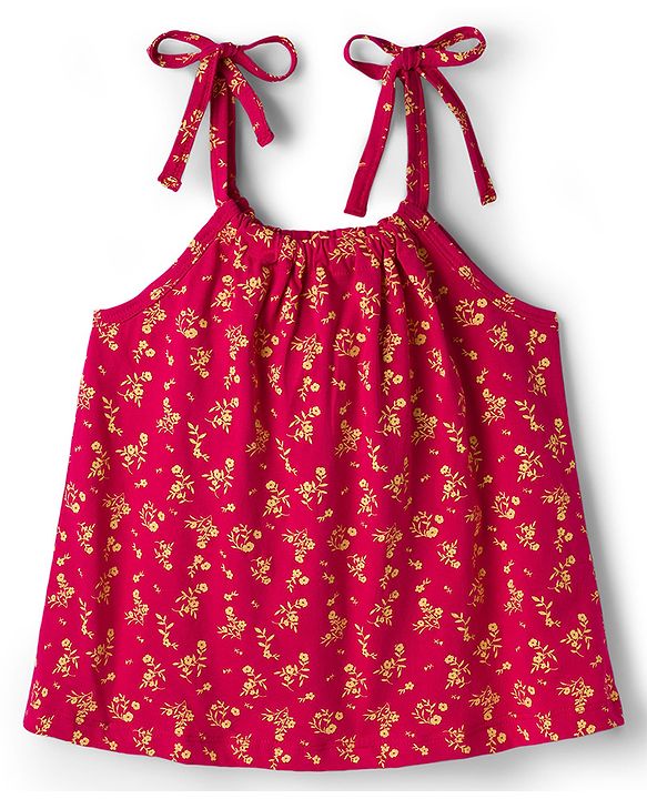 Pine Kids Cotton Knit Sleeveless Floral Printed Top - Red