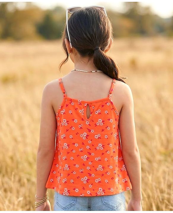 Pine Kids 100% Cotton Knit Sleeveless Floral Printed Top - Orange