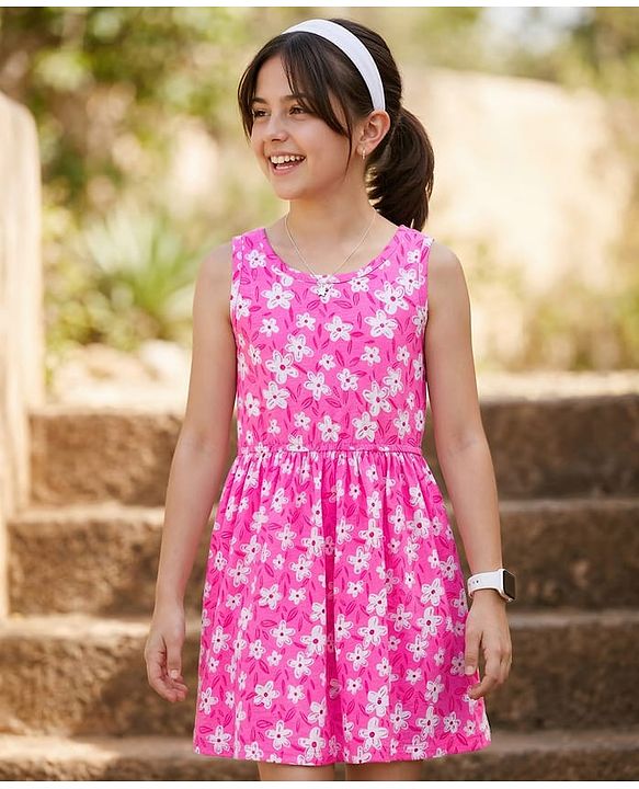 Pine Kids Cotton Knit Sleeveless Floral Printed Frock- Pink & White