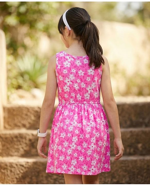 Pine Kids Cotton Knit Sleeveless Floral Printed Frock- Pink & White
