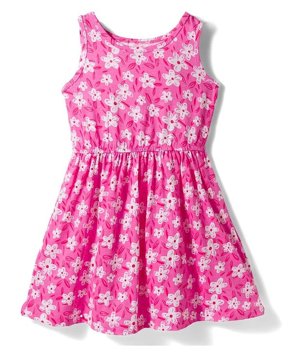 Pine Kids Cotton Knit Sleeveless Floral Printed Frock- Pink & White