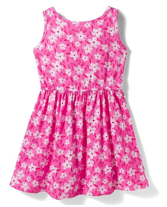 Pine Kids Cotton Knit Sleeveless Floral Printed Frock- Pink & White