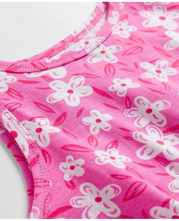 Pine Kids Cotton Knit Sleeveless Floral Printed Frock- Pink & White