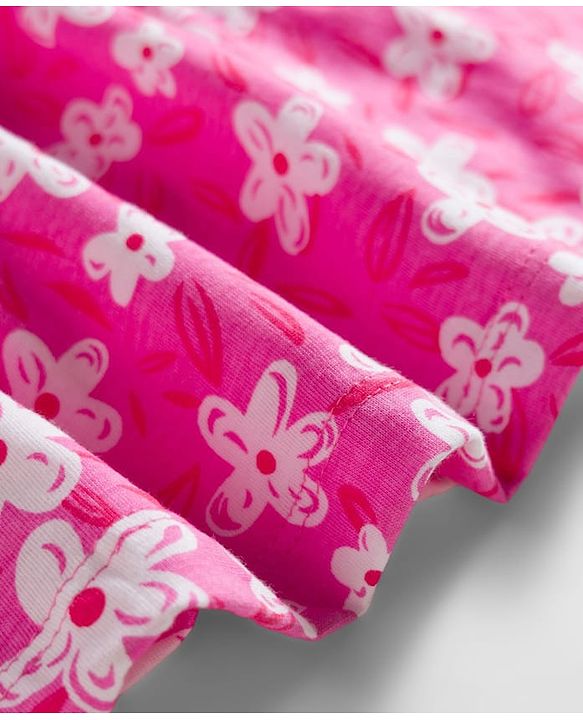 Pine Kids Cotton Knit Sleeveless Floral Printed Frock- Pink & White