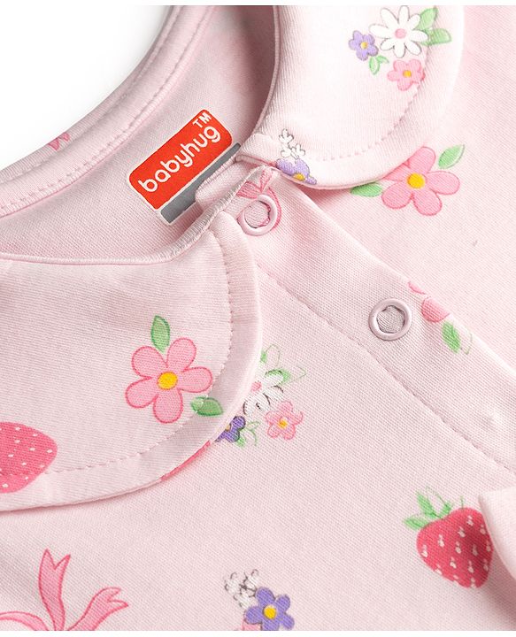Babyhug Cotton Knit Frocks with Bloomer/Short Cap Sleeves Peter Pan Collar All Over Prints Pink Newborn
