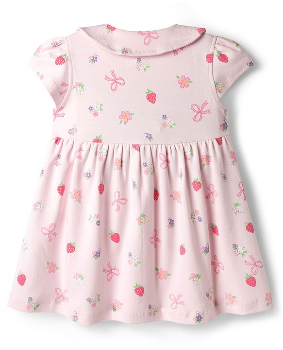 Babyhug Cotton Knit Frocks with Bloomer/Short Cap Sleeves Peter Pan Collar All Over Prints Pink Newborn