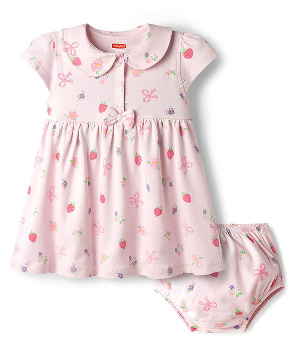 Babyhug Cotton Knit Frocks with Bloomer/Short Cap Sleeves Peter Pan Collar All Over Prints Pink Newborn