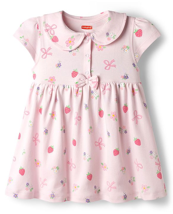 Babyhug Cotton Knit Frocks with Bloomer/Short Cap Sleeves Peter Pan Collar All Over Prints Pink Newborn