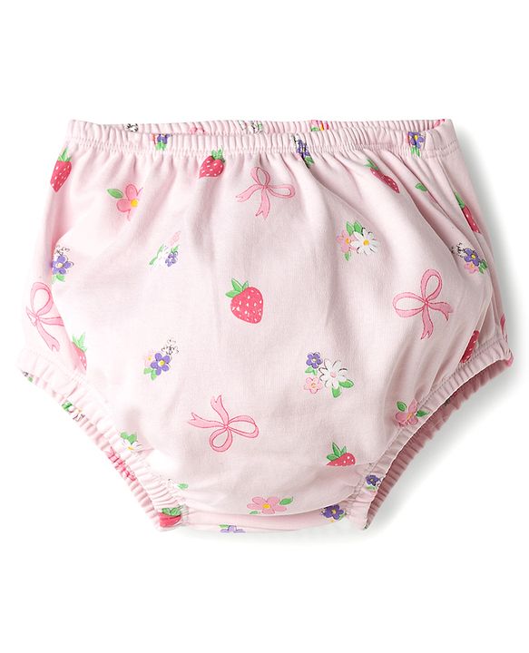 Babyhug Cotton Knit Frocks with Bloomer/Short Cap Sleeves Peter Pan Collar All Over Prints Pink Newborn