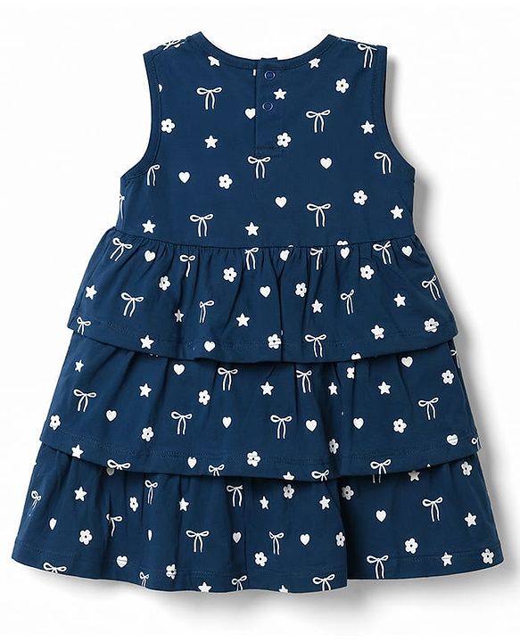Babyhug Cotton Knit Frocks with Bloomer/Short Sleeveless Tiered All Over Prints Blue New Born