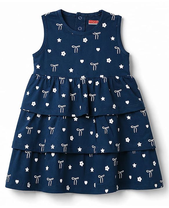 Babyhug Cotton Knit Frocks with Bloomer/Short Sleeveless Tiered All Over Prints Blue New Born