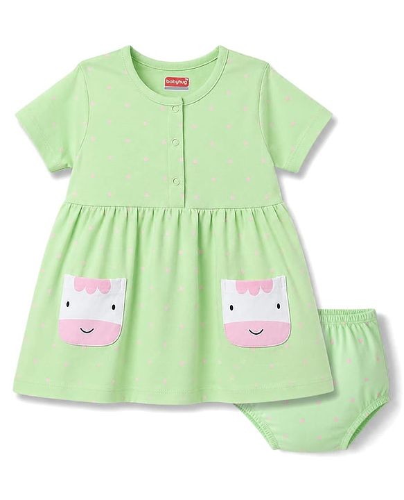 Babyhug Single Jersey Knit Half Sleeves Polka Dots Printed Frock With Bloomer & Cow Patch - Light Green