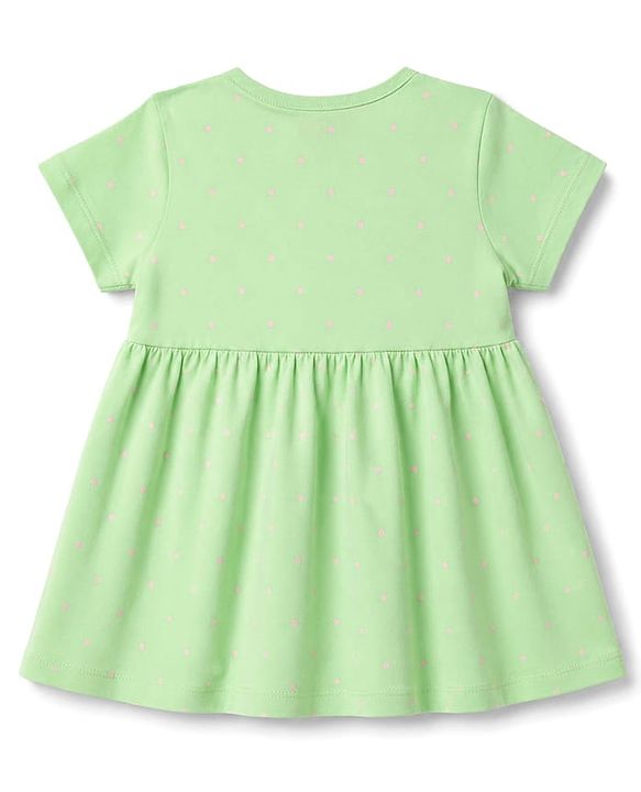 Babyhug Single Jersey Knit Half Sleeves Polka Dots Printed Frock With Bloomer & Cow Patch - Light Green