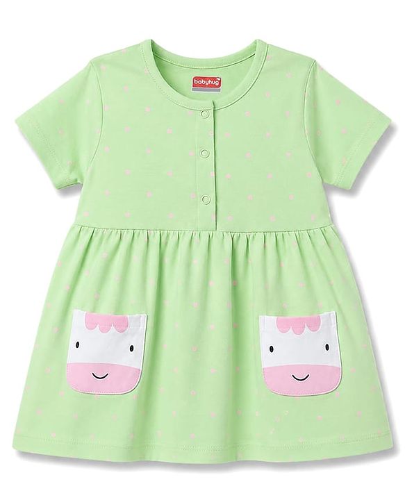 Babyhug Single Jersey Knit Half Sleeves Polka Dots Printed Frock With Bloomer & Cow Patch - Light Green